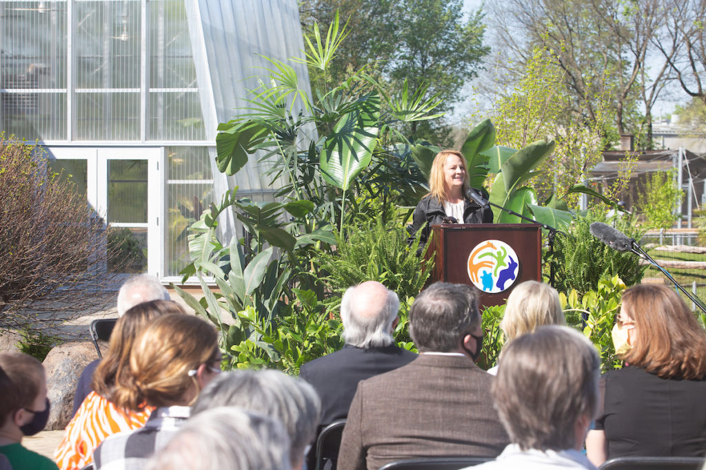 Zoo Knoxville president & CEO Lisa New addresses the crowd during an official ribbon cutting ceremony was held for the Clayton Family Amphibian and Reptile Conservation campus Monday April 12, 2021.